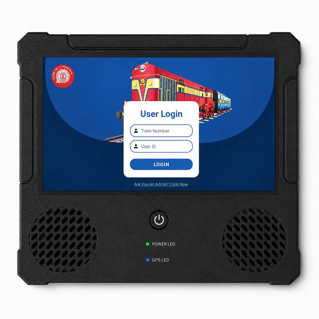 FogPASS Ver. 3.0 unit — rugged housing with a widescreen colour touchscreen showing the train number and user ID login, twin speaker grilles, and power and GPS status indicators